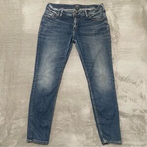 Silver Jeans Co Sam Boyfriend Denim Size 34x29 Mid Rise Distressed Blue Jeans